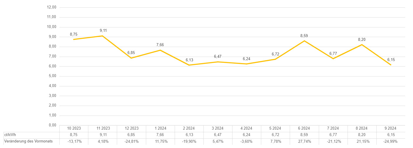 Entwicklung des monatlich durchschnittlichen Strompreises 2024