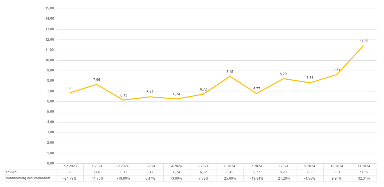 Entwicklung des monatlich durchschnittlichen Strompreises 2024
